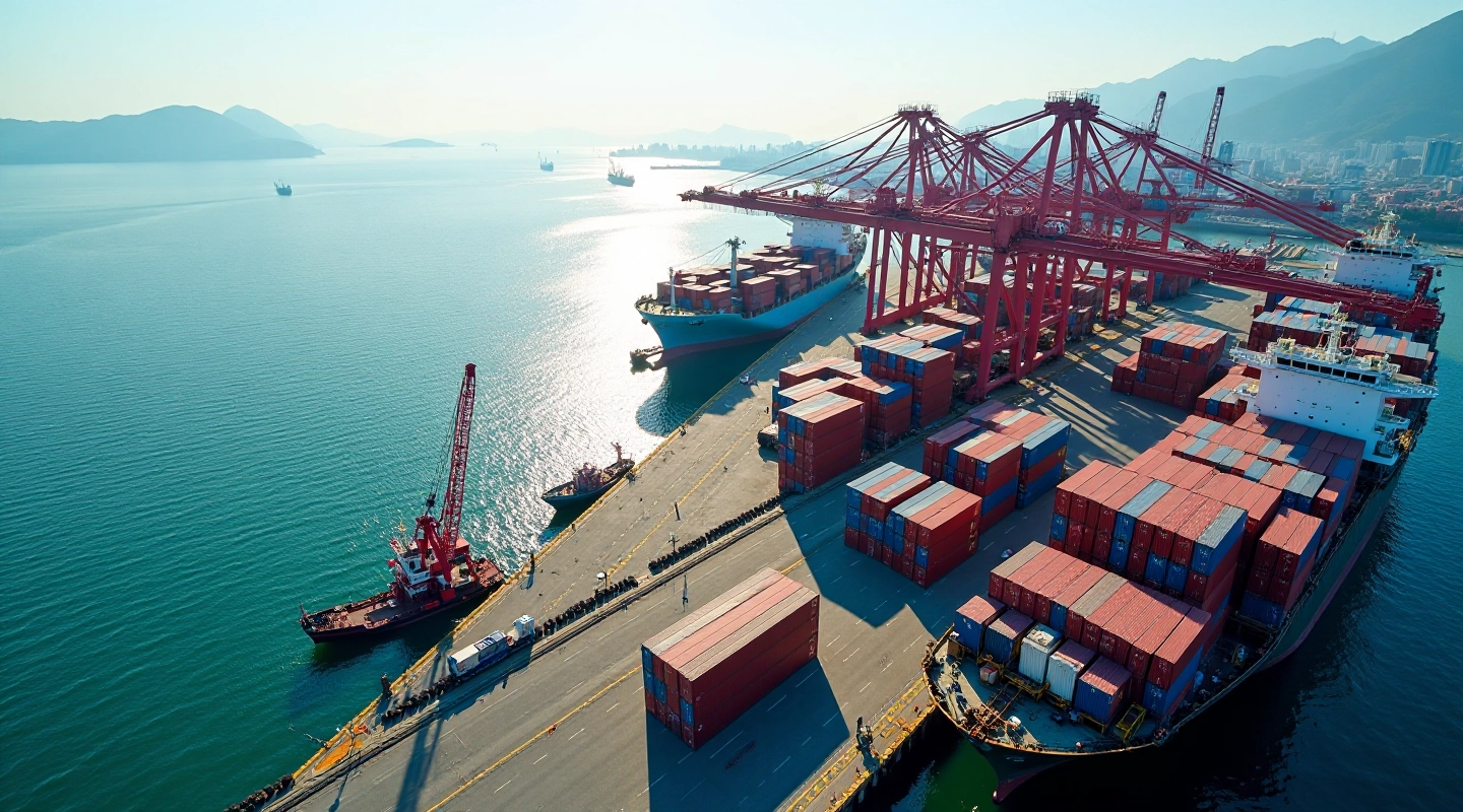 Modern container terminal with cargo vessels and automated handling equipment