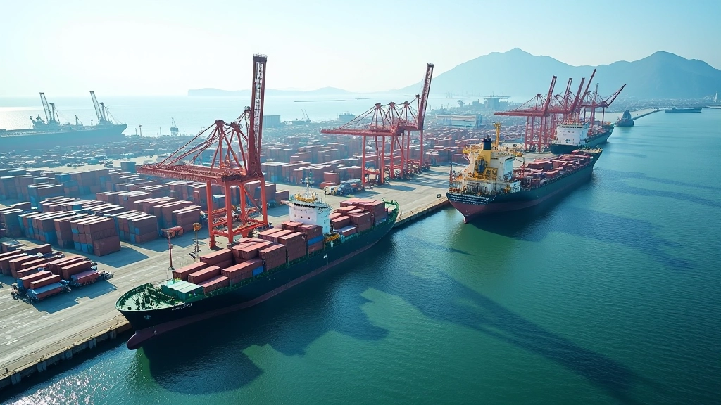 Modern port terminal with multiple vessels and cargo operations in full activity, showing coordinated logistics and supply chain in action