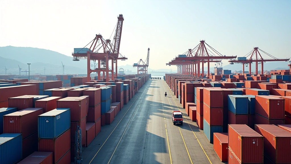 Container yard with stacked shipping containers and overhead cranes moving containers between positions
