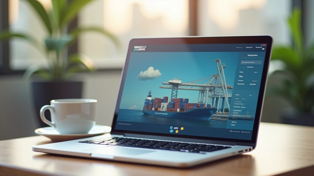 Laptop displaying port operations dashboard with real-time tracking and scheduling information on wooden desk