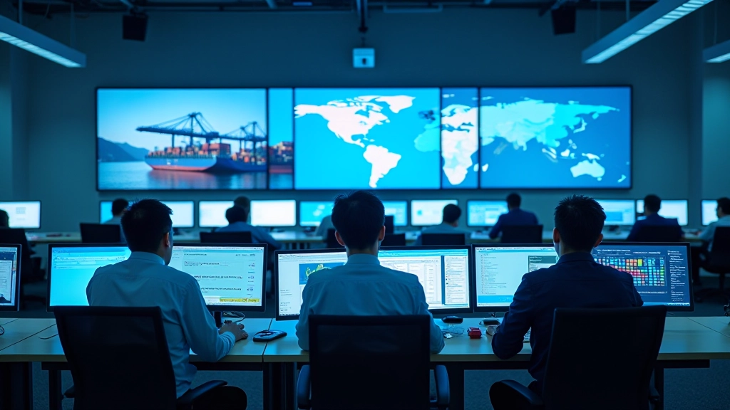 Port operations control center with multiple monitors showing vessel schedules and terminal coordination systems
