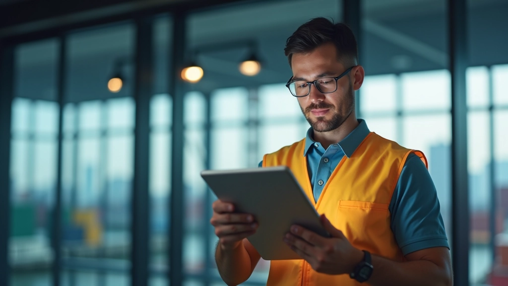 Port operations manager reviewing vendor performance dashboard on tablet device