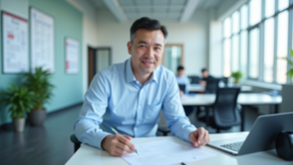 Port operations manager reviewing vendor contracts and supply chain documentation at a desk, modern office setting with organized files and shipping schedules visible