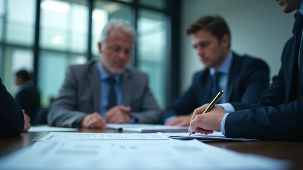 Team having vendor performance review meeting around conference table with printed reports