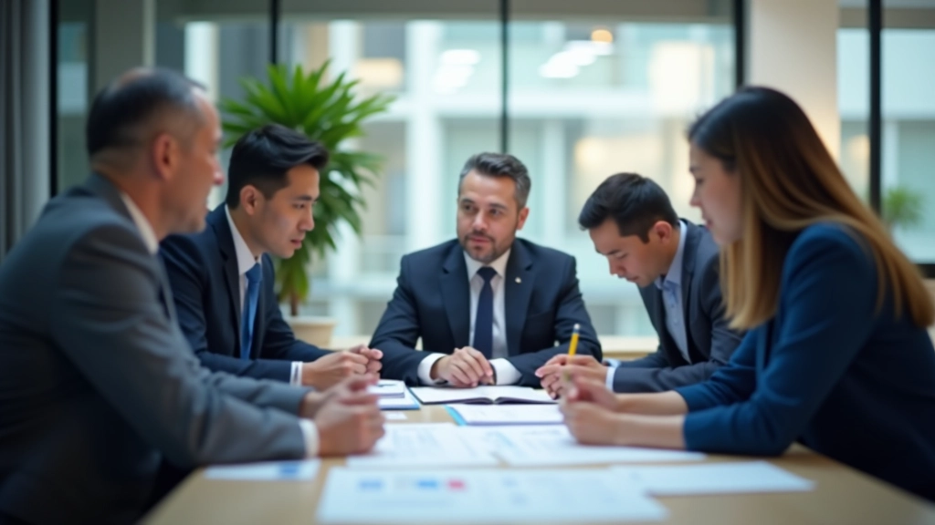 Team meeting around table with documents and communication systems showing collaborative coordination between departments